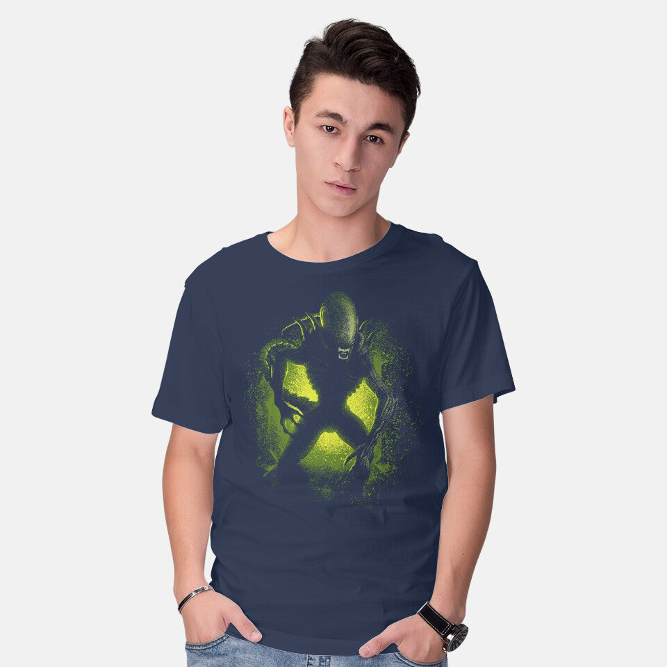 Model wearing navy Countdown – Sci-Fi Graphic T-Shirt