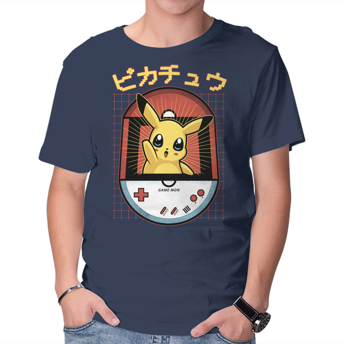 Pika Gamemon – Anime Graphic T-Shirt in navy, product display