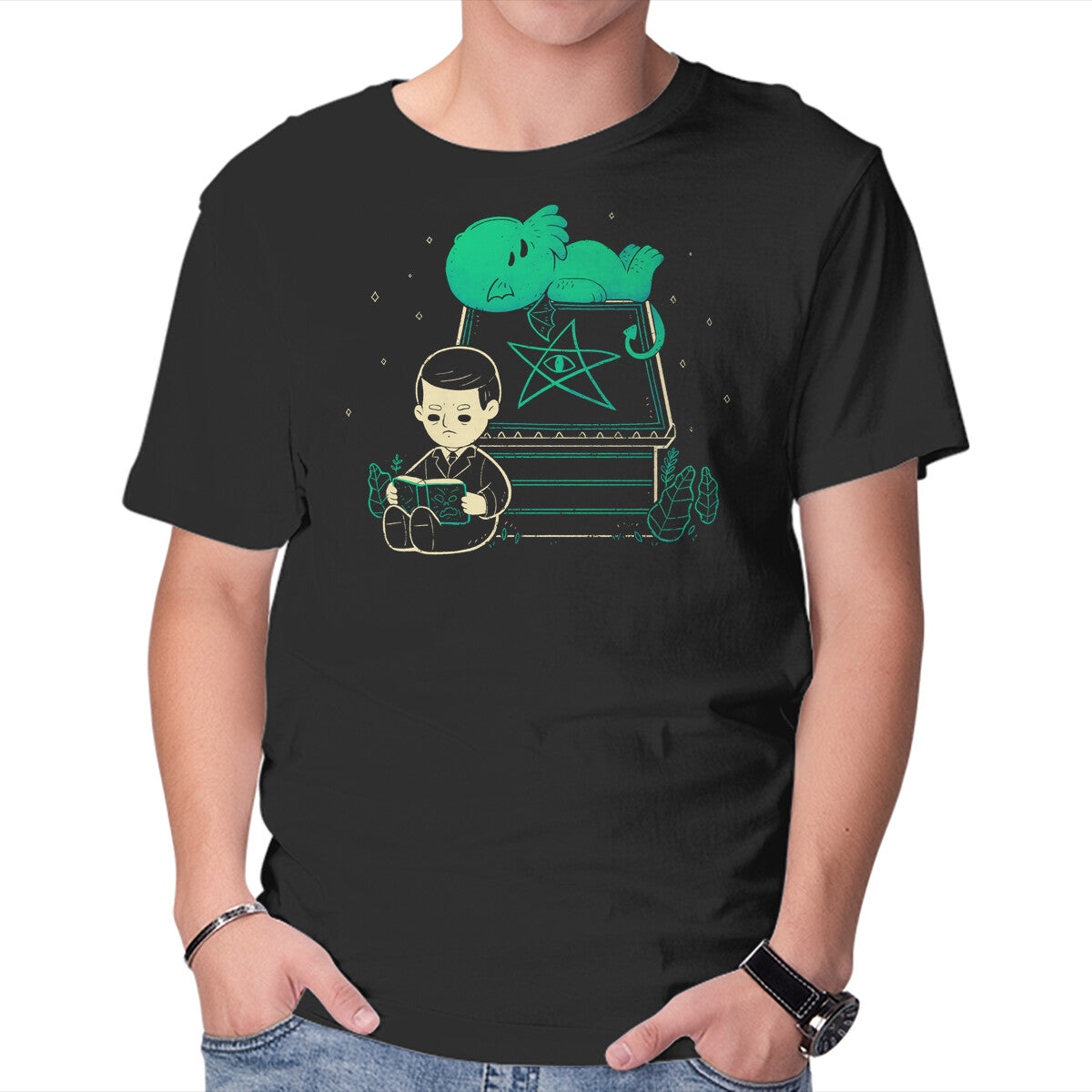 Cthulhu On Peanuts House – Horror Graphic T-Shirt in black, product display