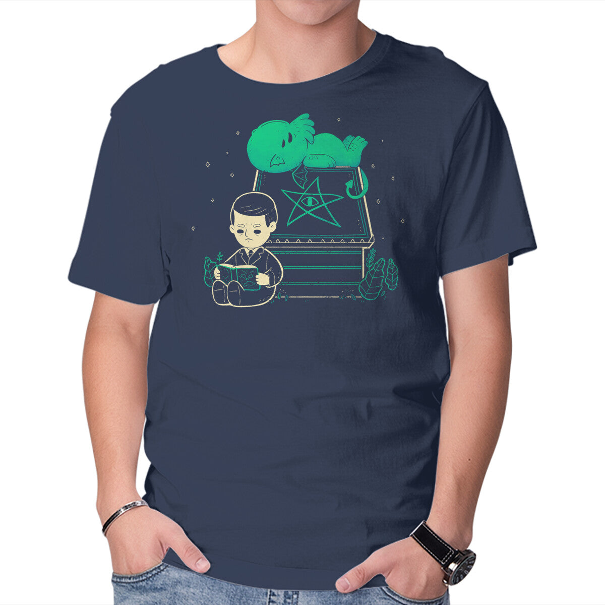 Cthulhu On Peanuts House – Horror Graphic T-Shirt in navy, product display