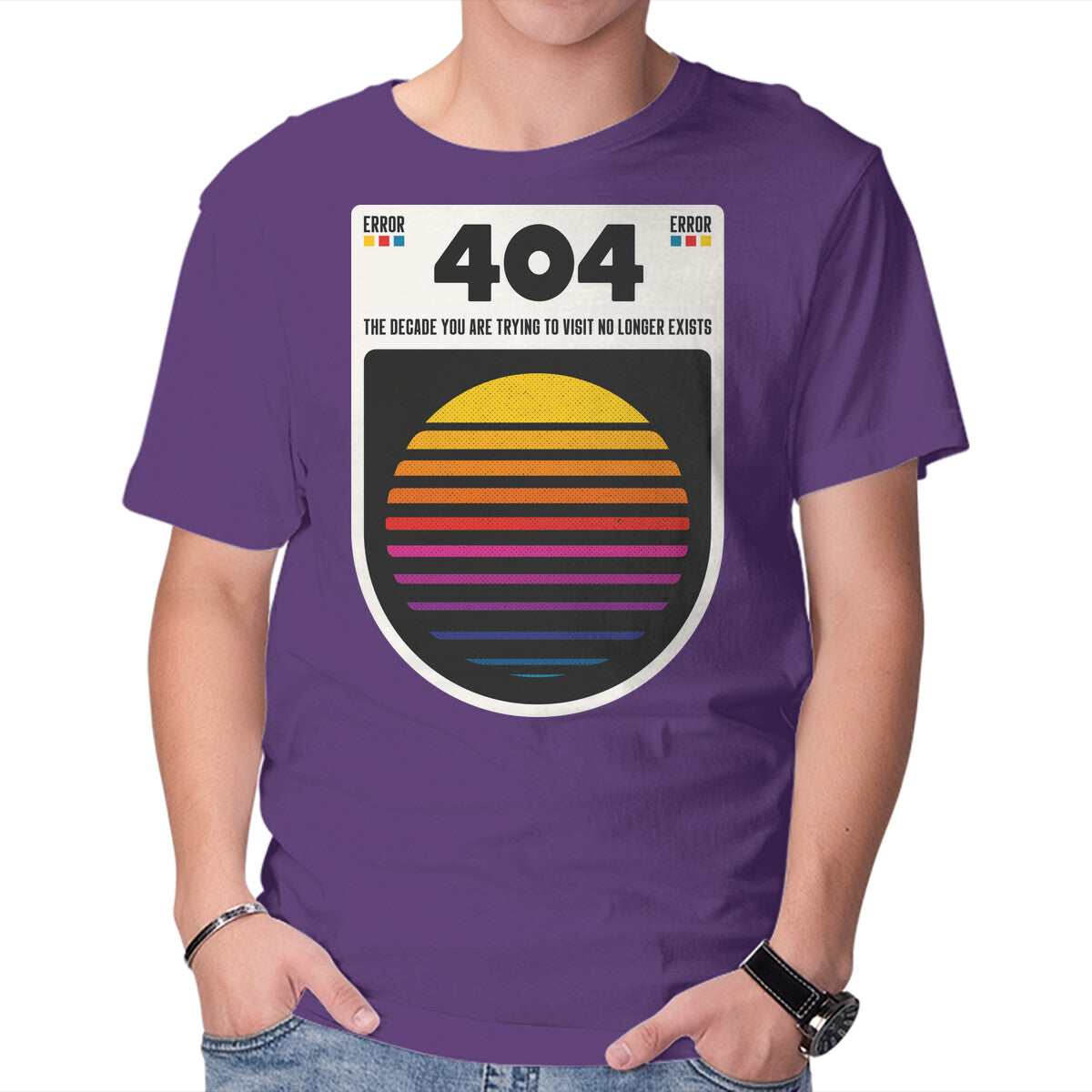 404 Decade Not Found – Funny Graphic T-Shirt in purple, product display