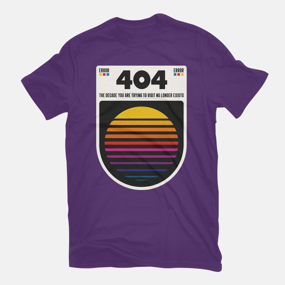 404 Decade Not Found – Funny Graphic T-Shirt in purple, flat-lay product view