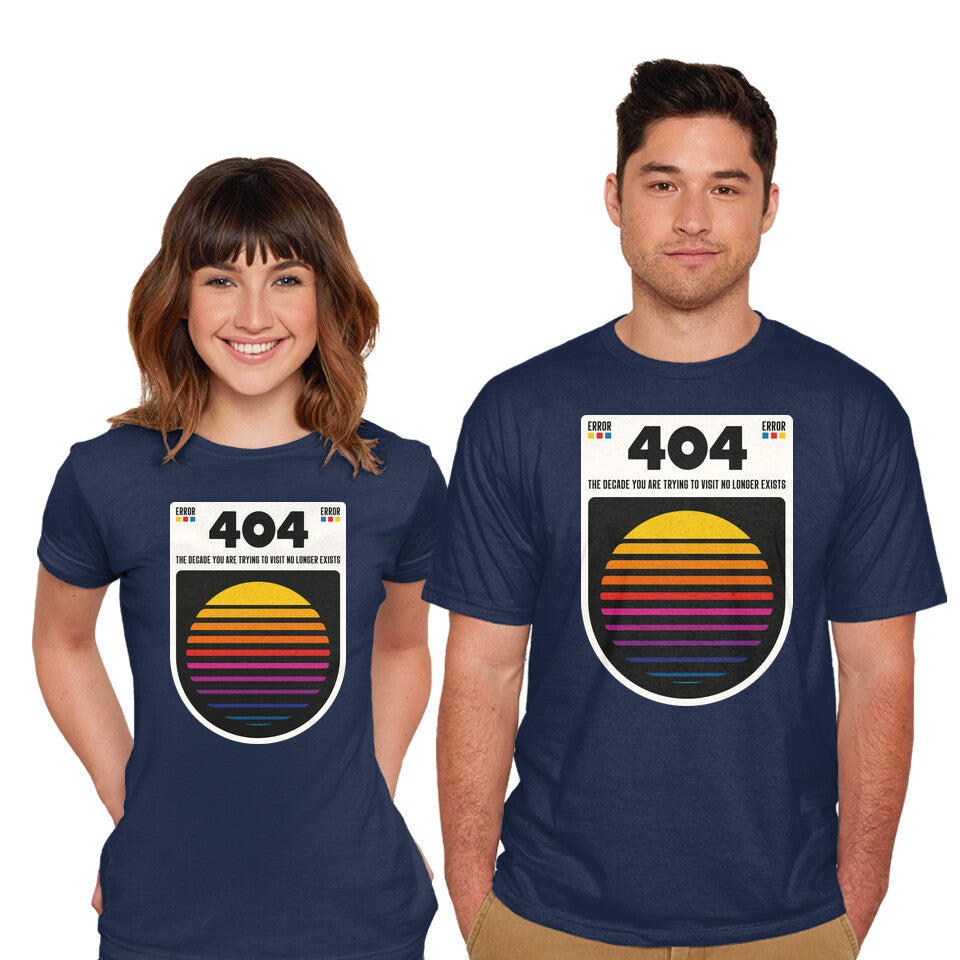 Model wearing navy 404 Decade Not Found – Funny Graphic T-Shirt