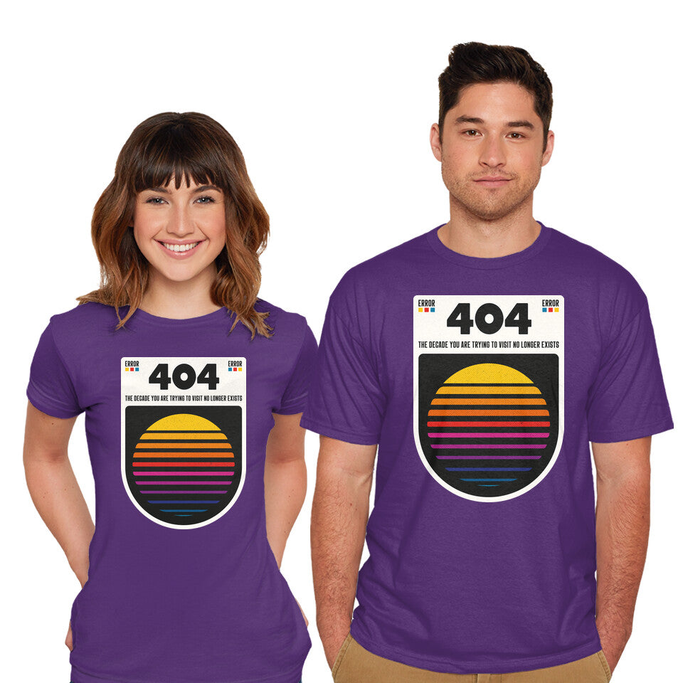 Model wearing purple 404 Decade Not Found – Funny Graphic T-Shirt