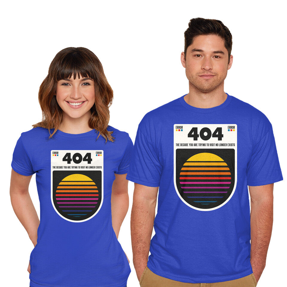 Model wearing royal blue 404 Decade Not Found – Funny Graphic T-Shirt
