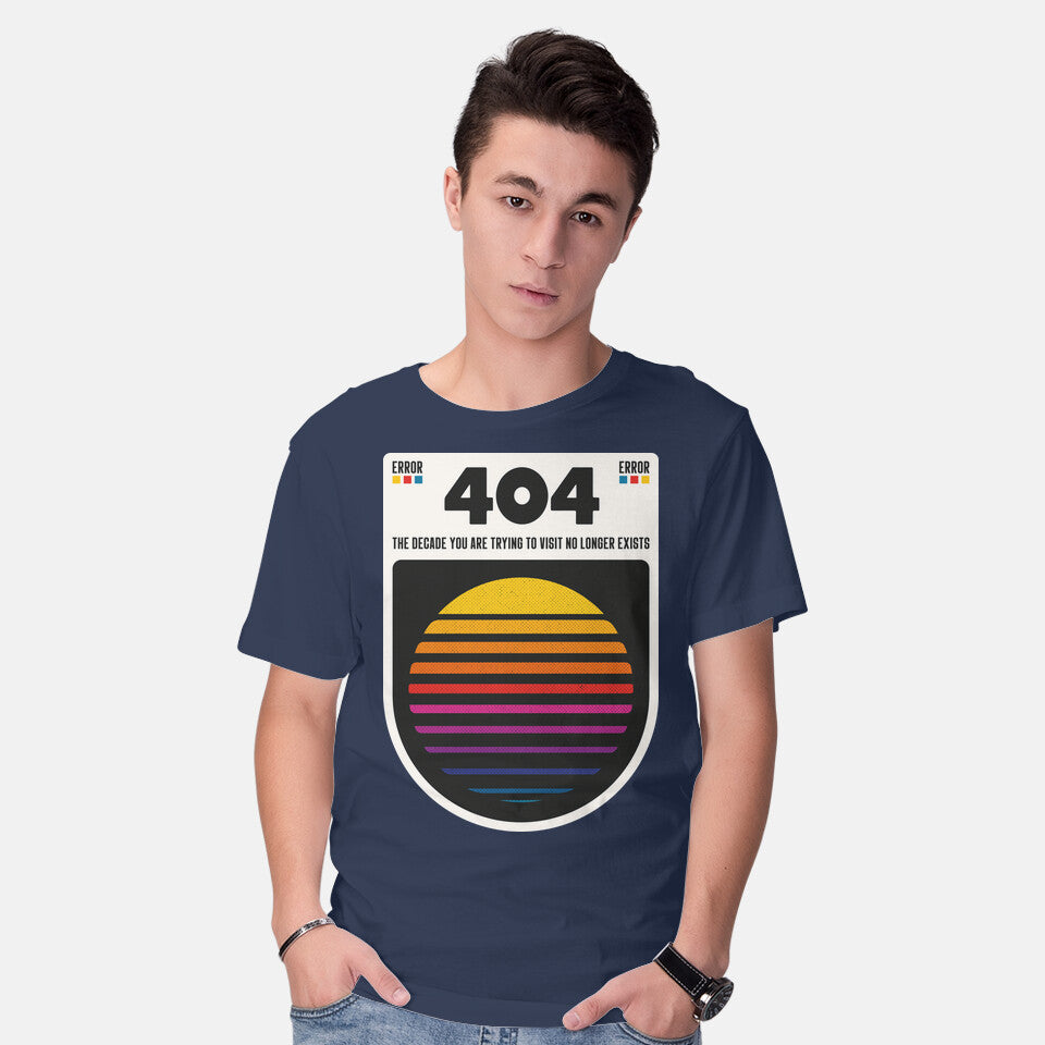 Model wearing navy 404 Decade Not Found – Funny Graphic T-Shirt