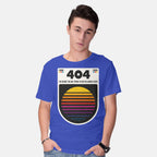 Model wearing royal blue 404 Decade Not Found – Funny Graphic T-Shirt