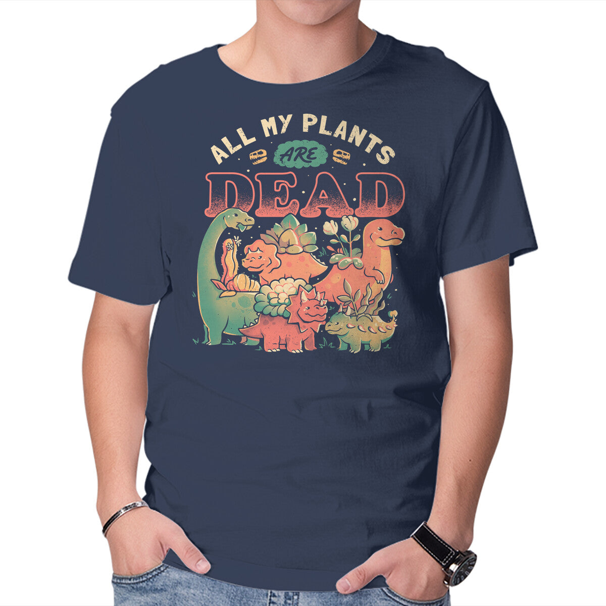 All My Plants Are Dead – Dinosaur Graphic T-Shirt in navy, product display