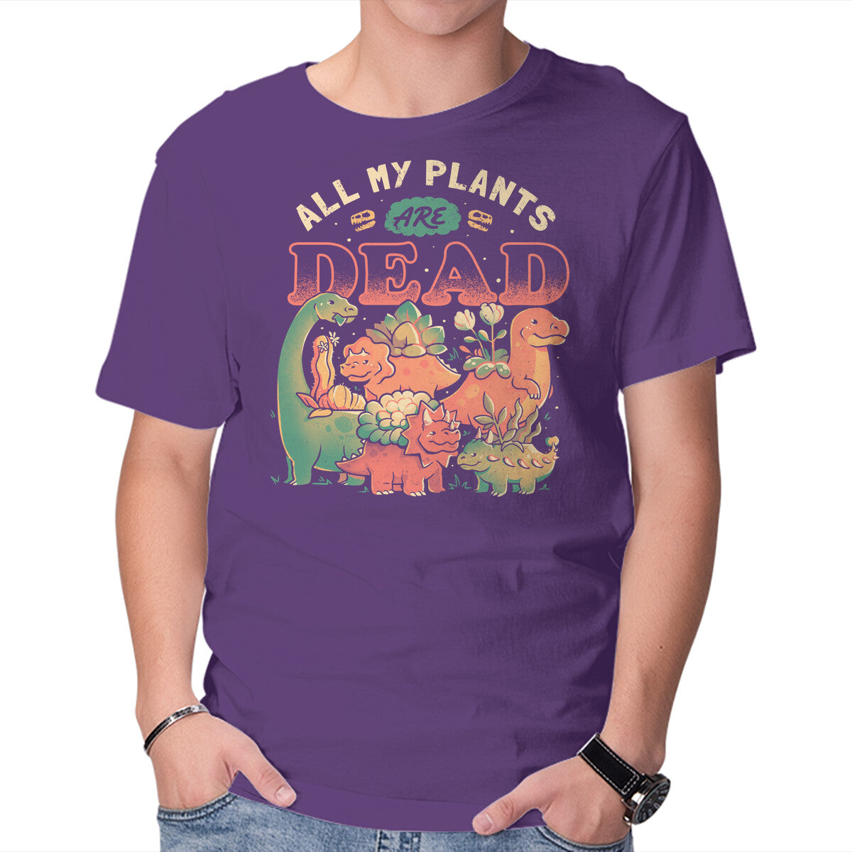 All My Plants Are Dead – Dinosaur Graphic T-Shirt in purple, product display