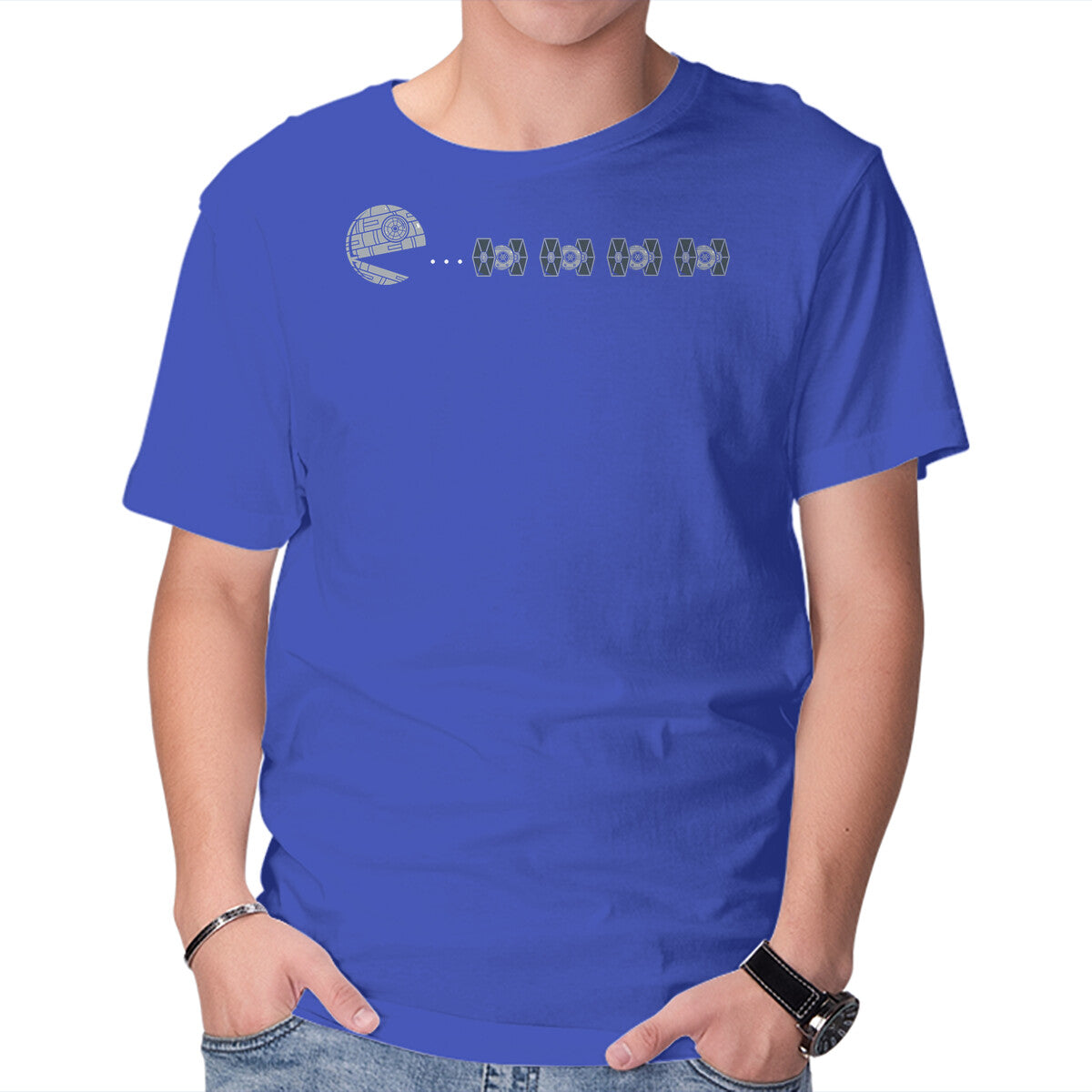 Pac Death Star – Sci-Fi Graphic T-Shirt in royal blue, product display