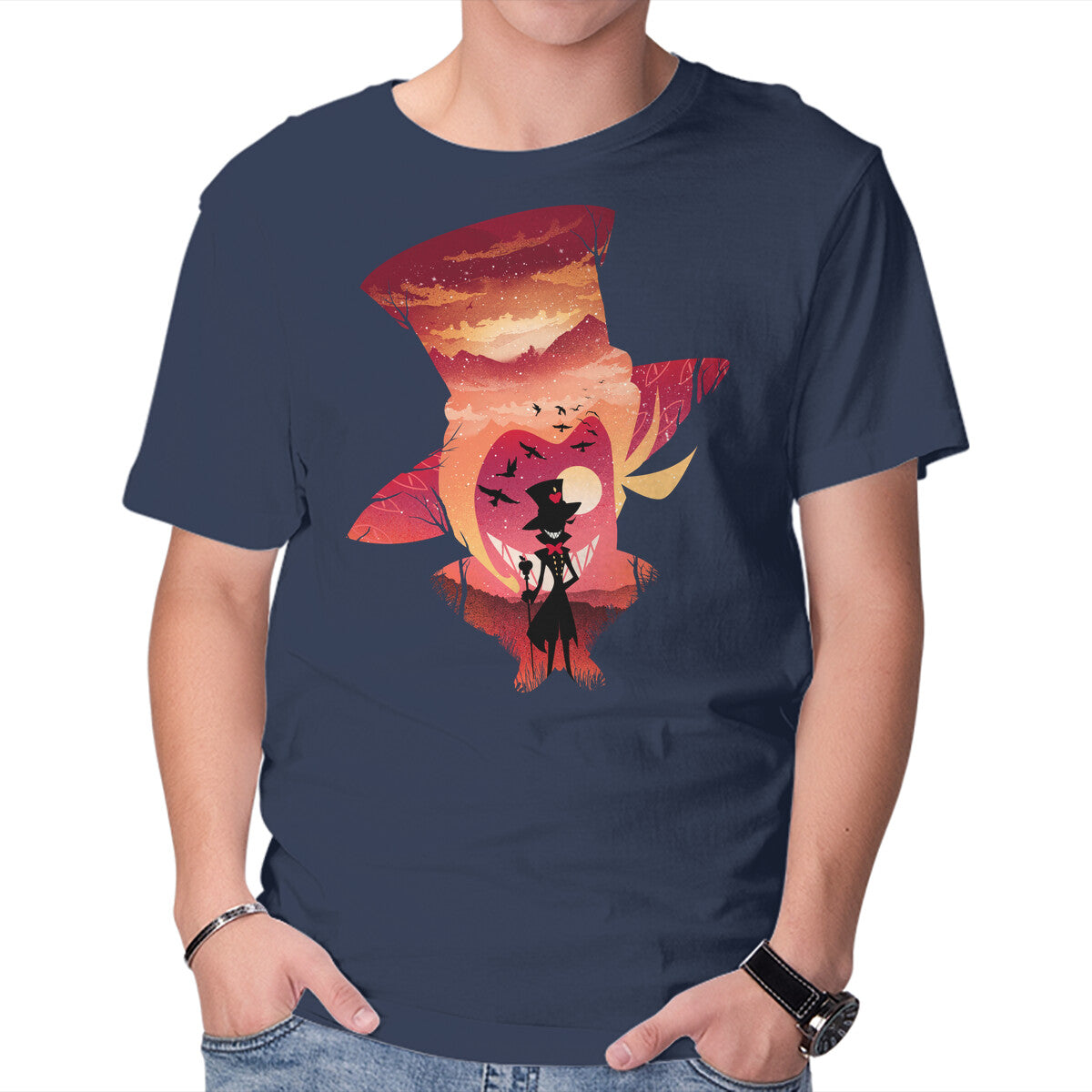 Lucifer Sunset – Funny Graphic T-Shirt in navy, product display