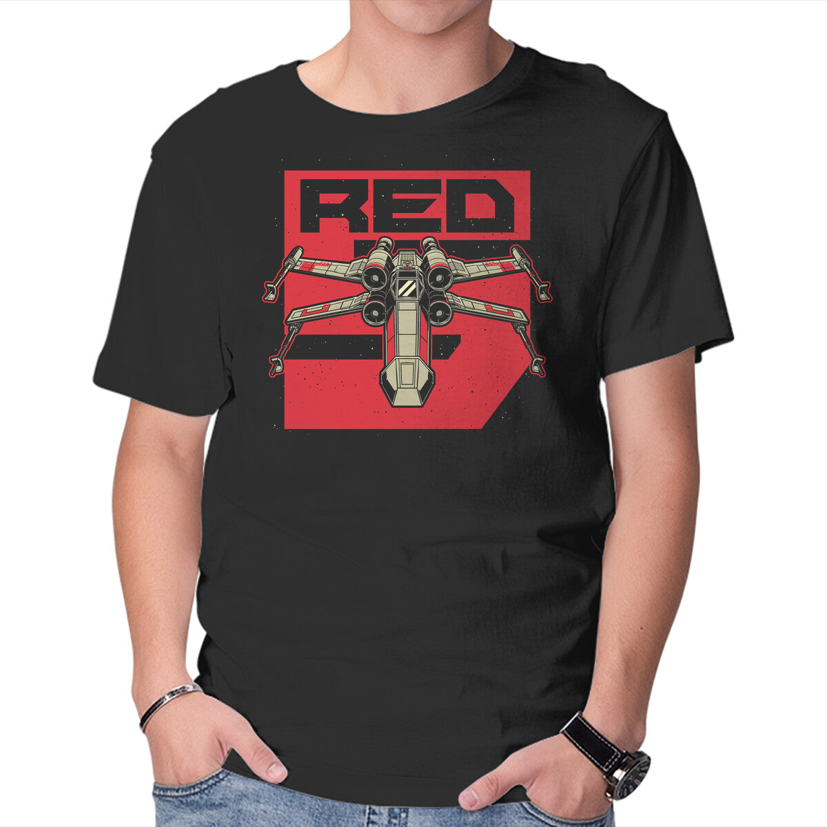 Red Spaceship Revolution – Sci-Fi Graphic T-Shirt in black, product display