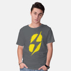Model wearing charcoal Ground Zero Fallout – Gaming Graphic T-Shirt