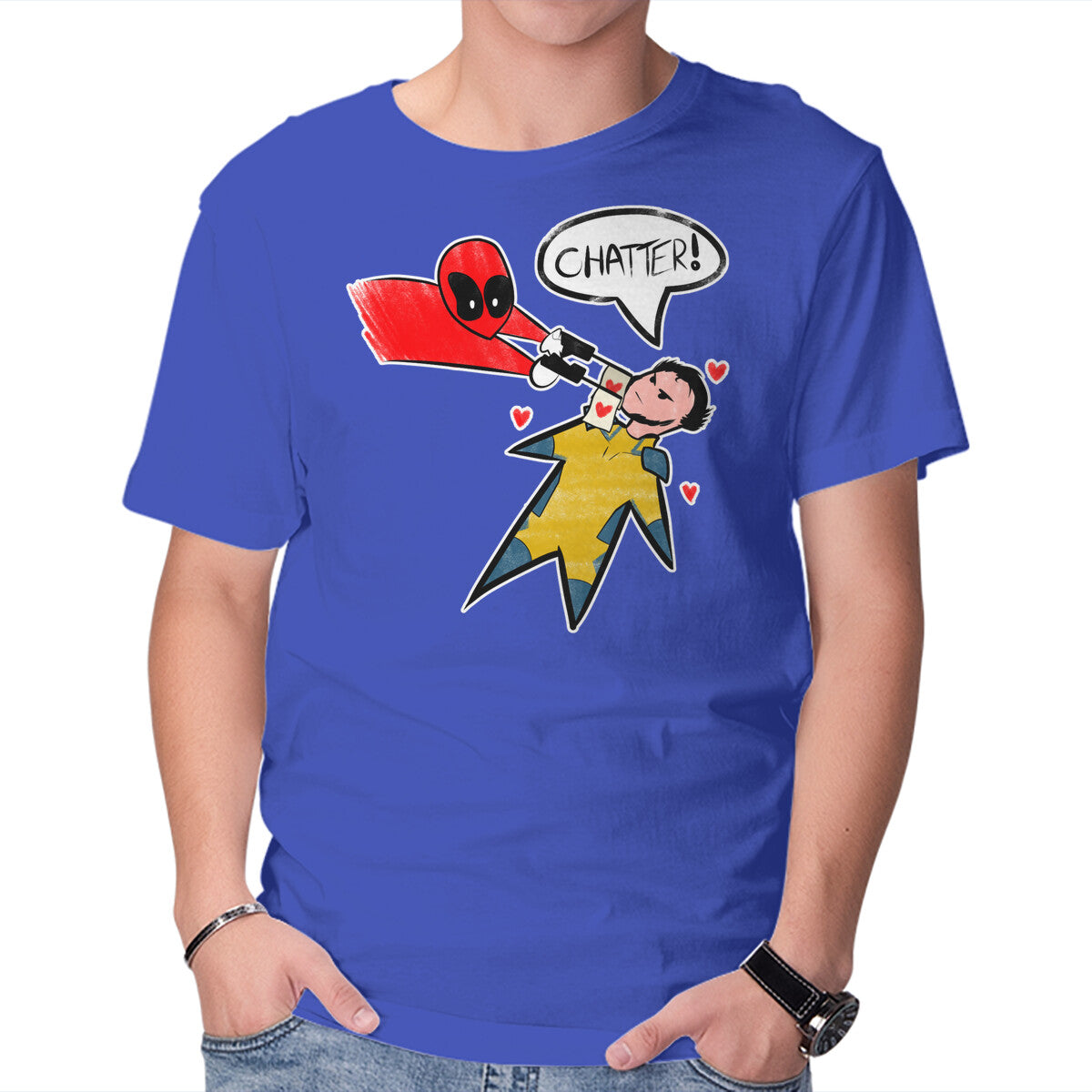 The Chatty Mercenary – Movie Graphic T-Shirt in royal blue, product display