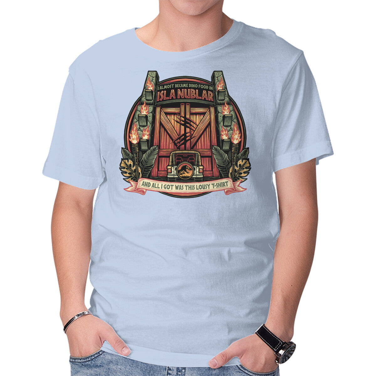 Dino Food In Isla Nublar – Movie Graphic T-Shirt in blue, product display
