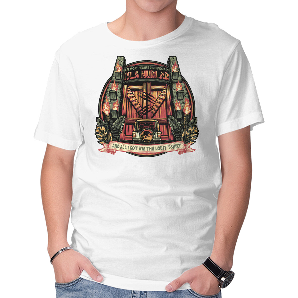 Dino Food In Isla Nublar – Movie Graphic T-Shirt in white, product display