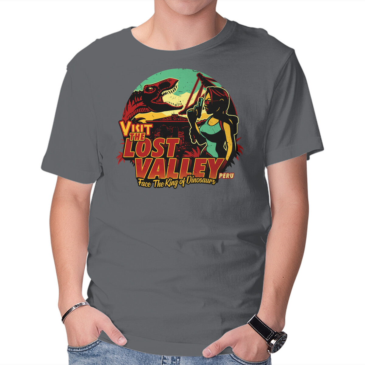 The Lost Valley – Gaming Graphic T-Shirt in charcoal, product display
