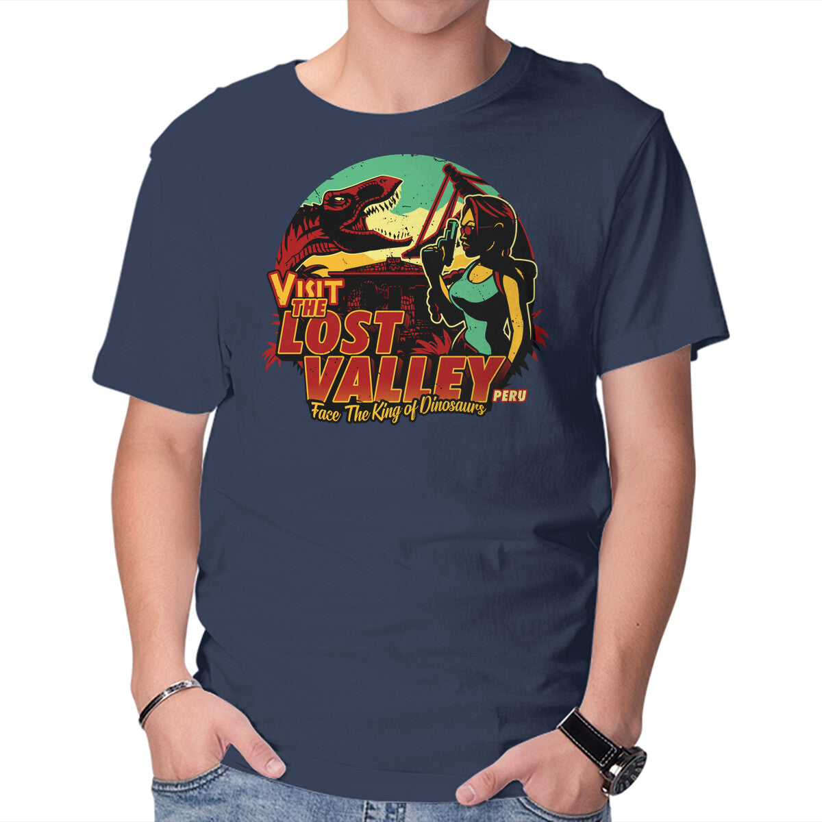 The Lost Valley – Gaming Graphic T-Shirt in navy, product display