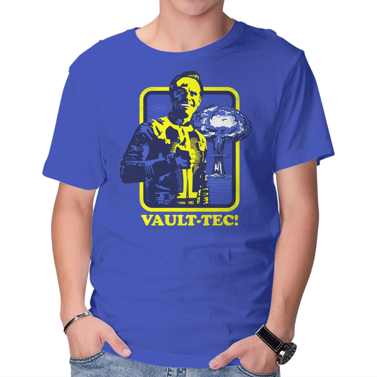 Vault Tec Coop – Gaming Graphic T-Shirt in royal blue, product display