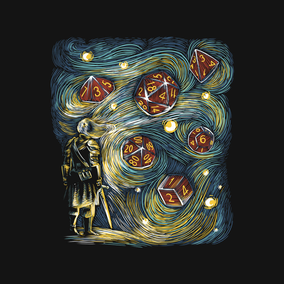 Starry Dice – Gaming Graphic T-Shirt design artwork for black graphic T-shirt