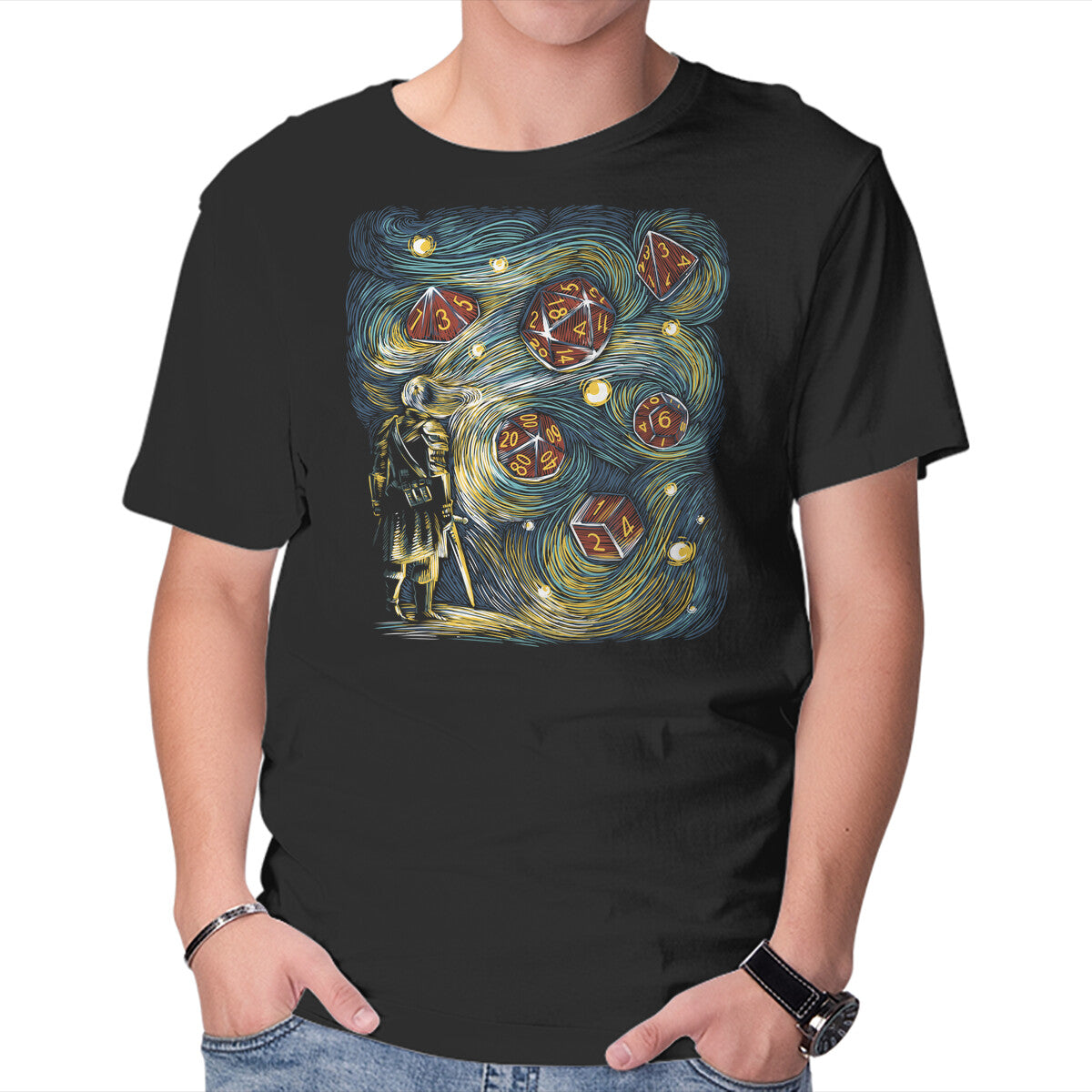 Starry Dice – Gaming Graphic T-Shirt in black, product display