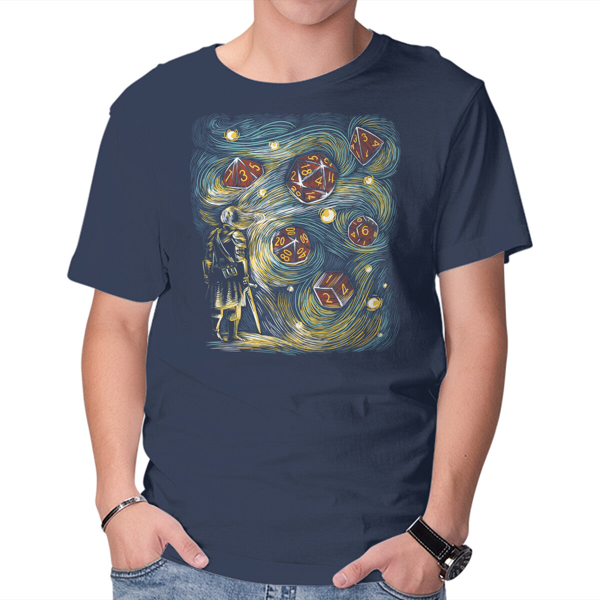 Starry Dice – Gaming Graphic T-Shirt in navy, product display