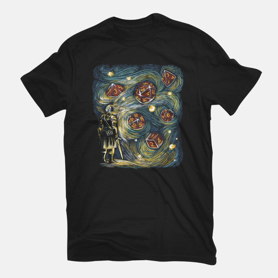 Starry Dice – Gaming Graphic T-Shirt in black, flat-lay product view