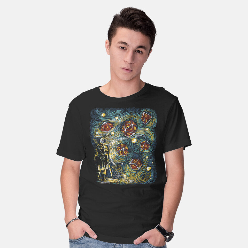 Model wearing black Starry Dice – Gaming Graphic T-Shirt