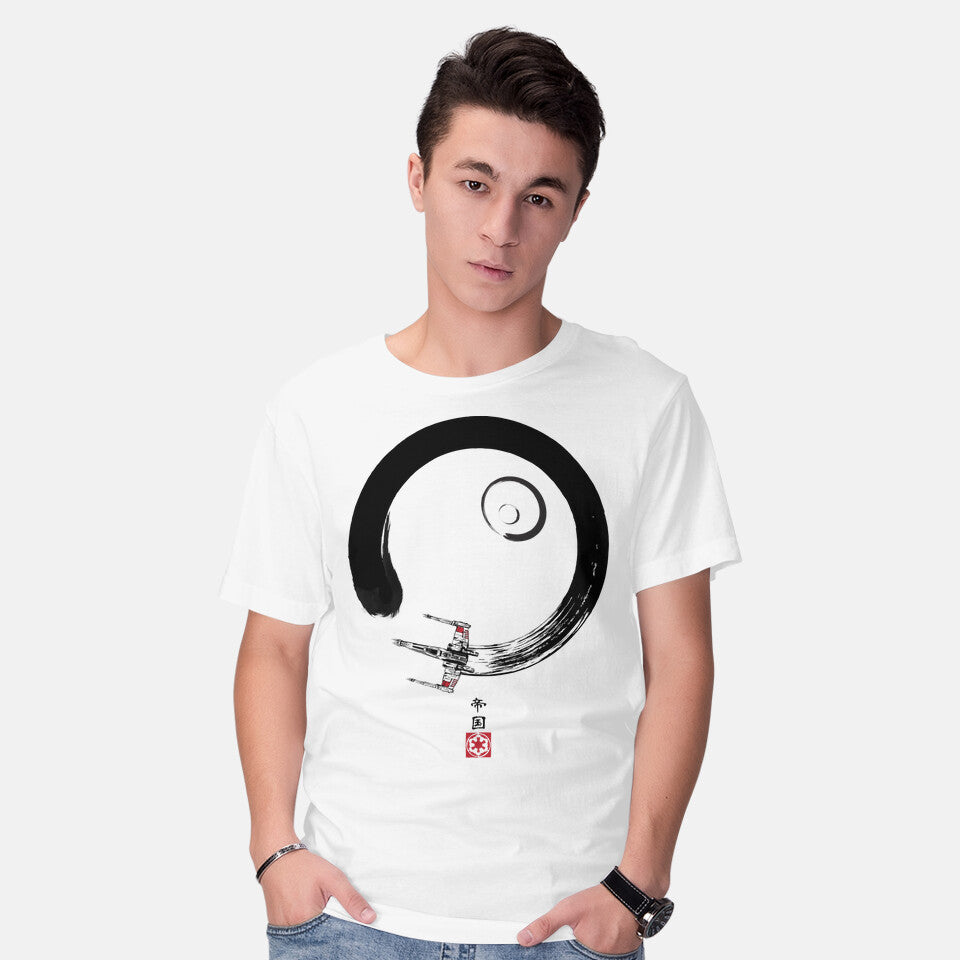 Model wearing white Red Five Enso – Sci-Fi Graphic T-Shirt