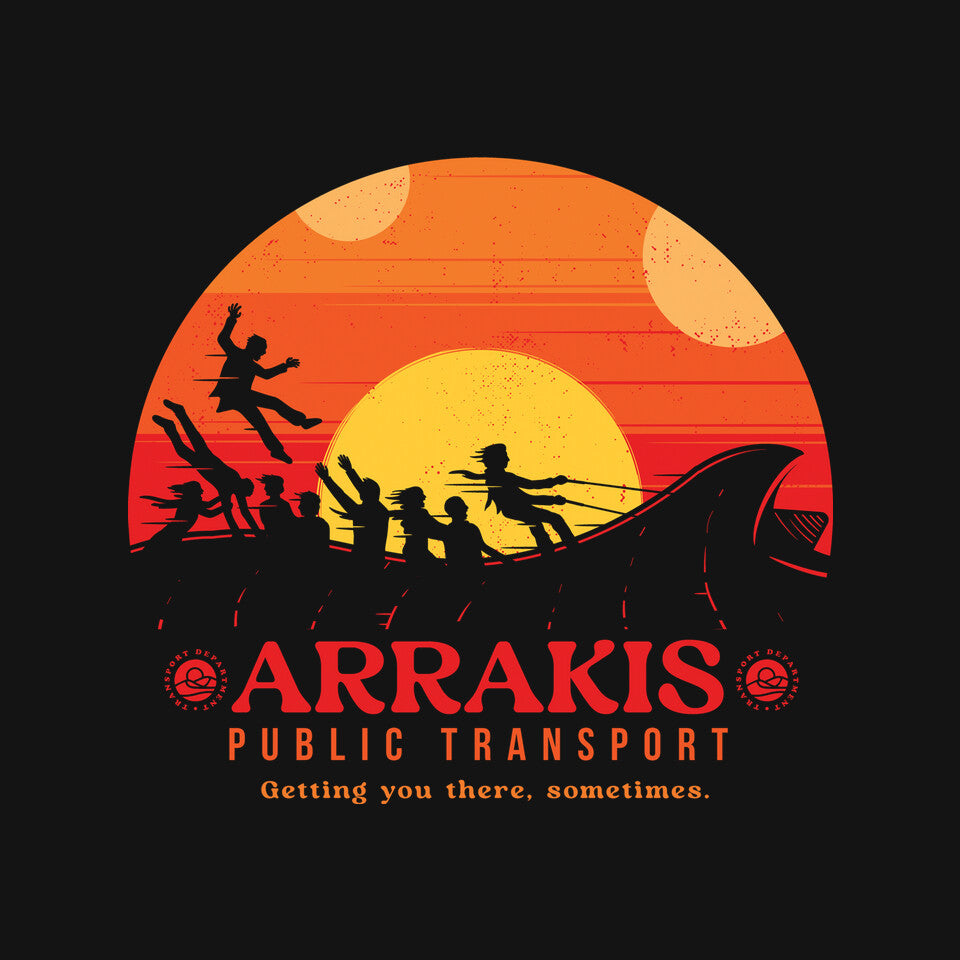 The Arrakis Train – Fantasy Graphic T-Shirt design artwork for black graphic T-shirt