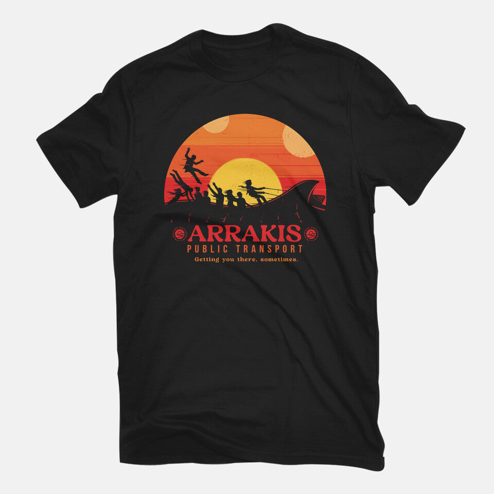 The Arrakis Train – Fantasy Graphic T-Shirt in black, flat-lay product view