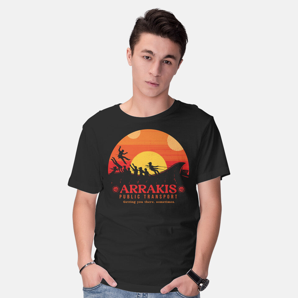 Model wearing black The Arrakis Train – Fantasy Graphic T-Shirt