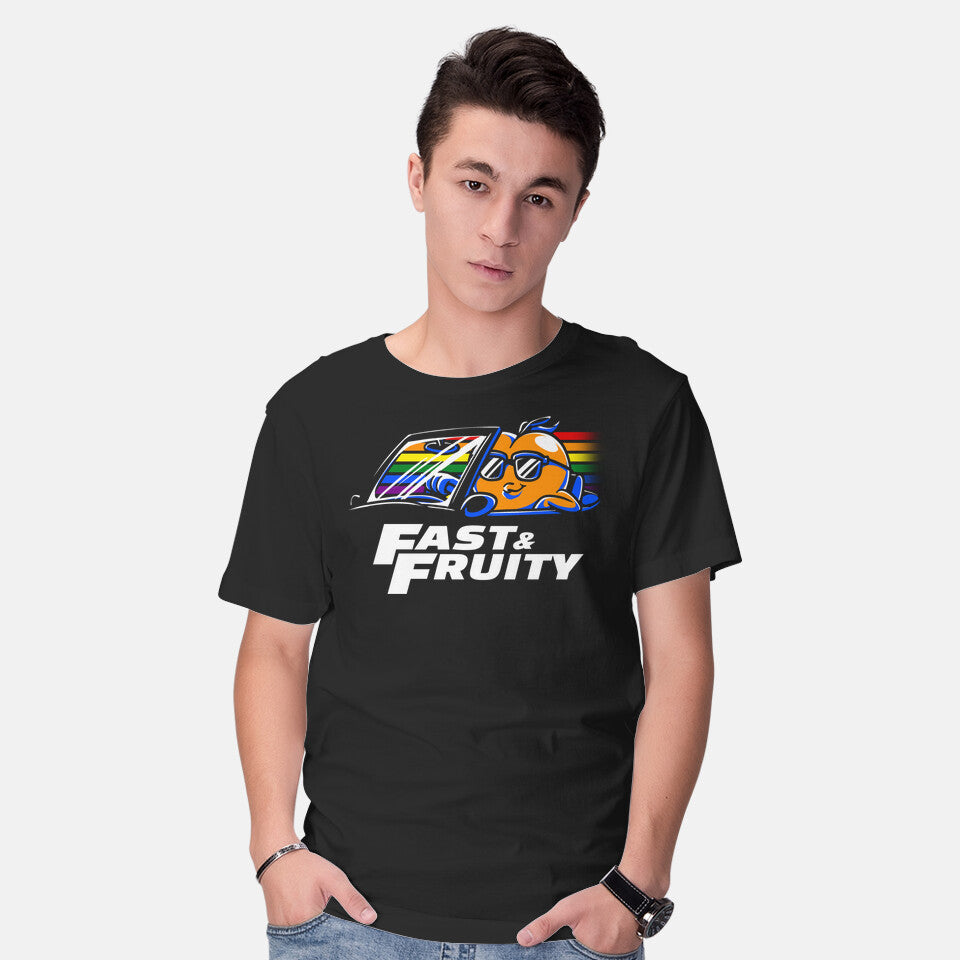 Model wearing black Fast And Fruity – Movie Graphic T-Shirt