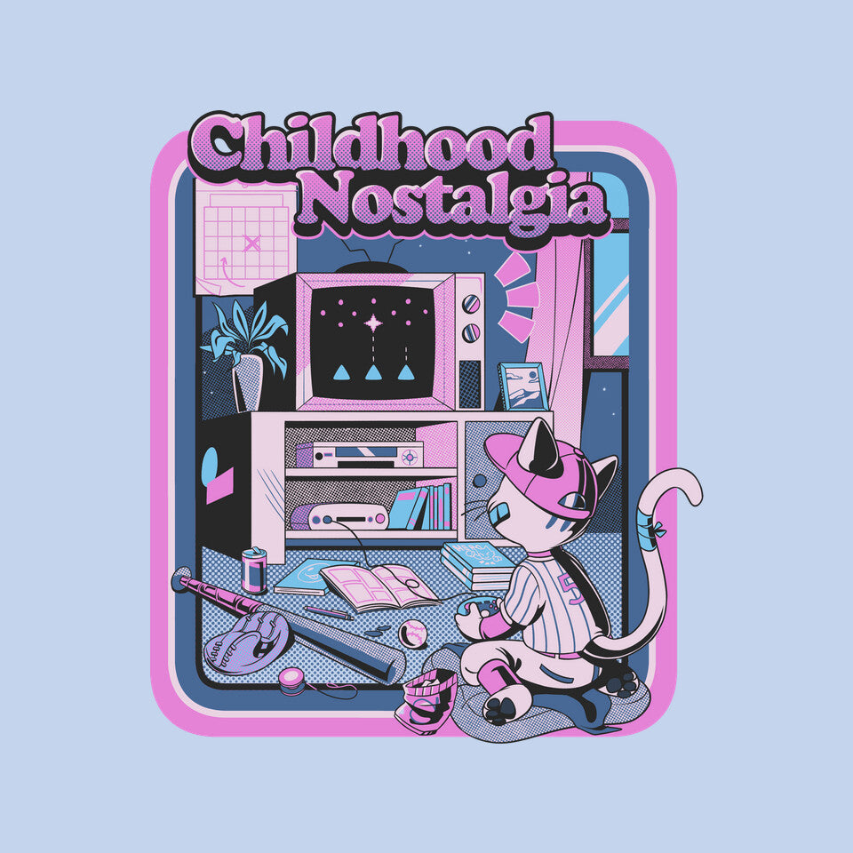 Childhood Nostalgia Blue – Cat Graphic T-Shirt design artwork for blue graphic T-shirt