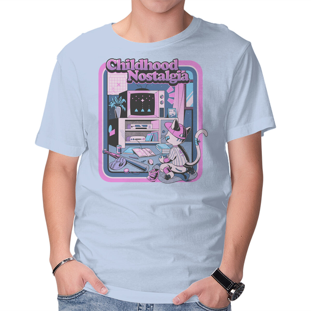 Childhood Nostalgia Blue – Cat Graphic T-Shirt in blue, product display