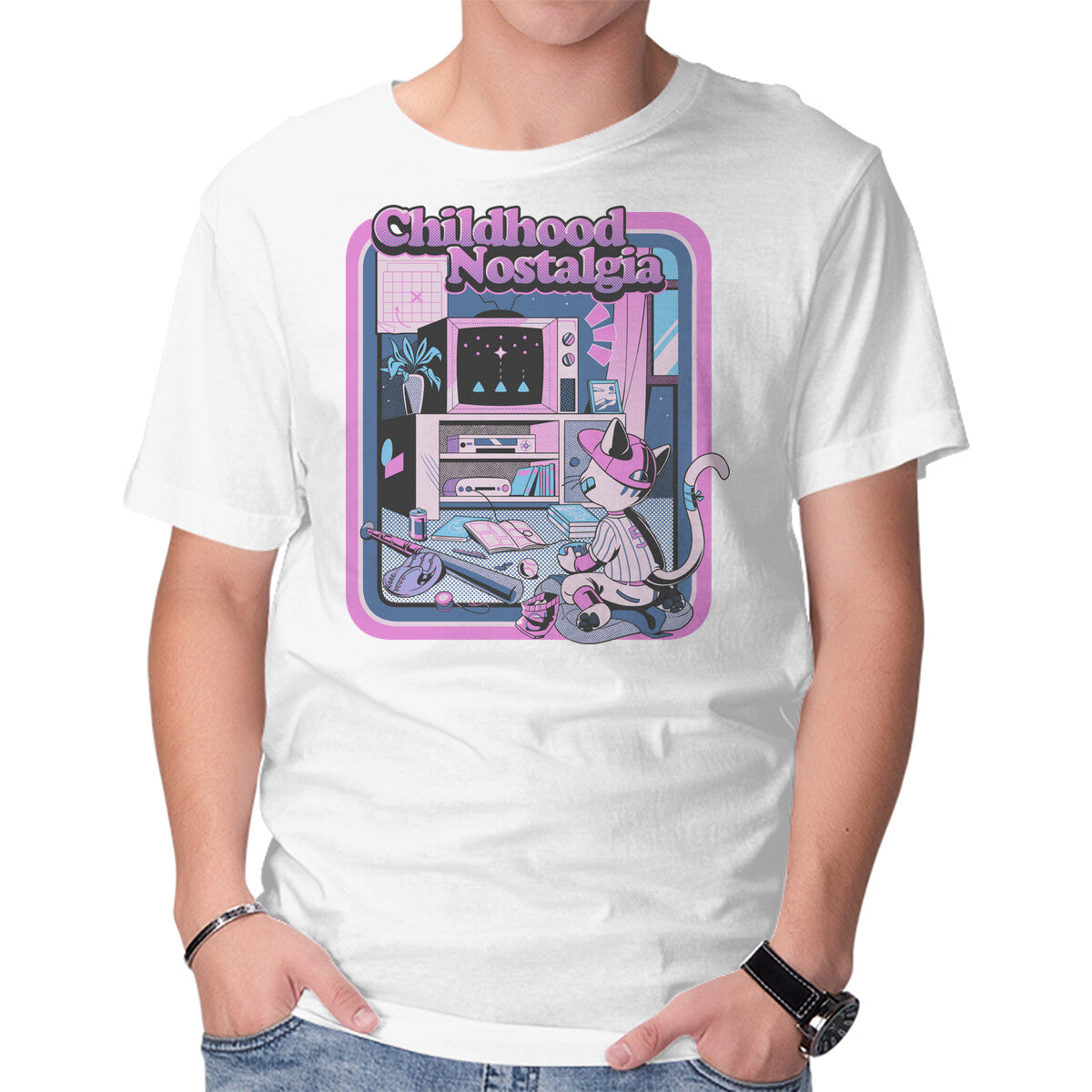 Childhood Nostalgia Blue – Cat Graphic T-Shirt in white, product display
