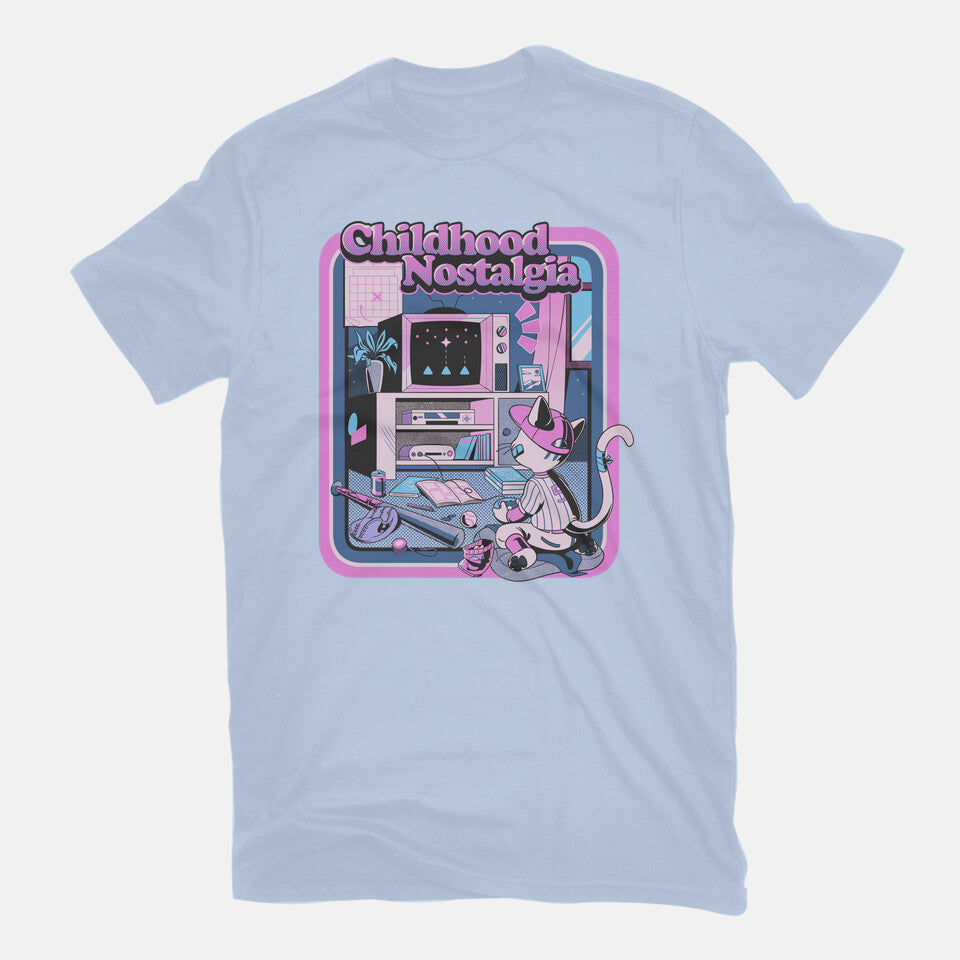 Childhood Nostalgia Blue – Cat Graphic T-Shirt in blue, flat-lay product view