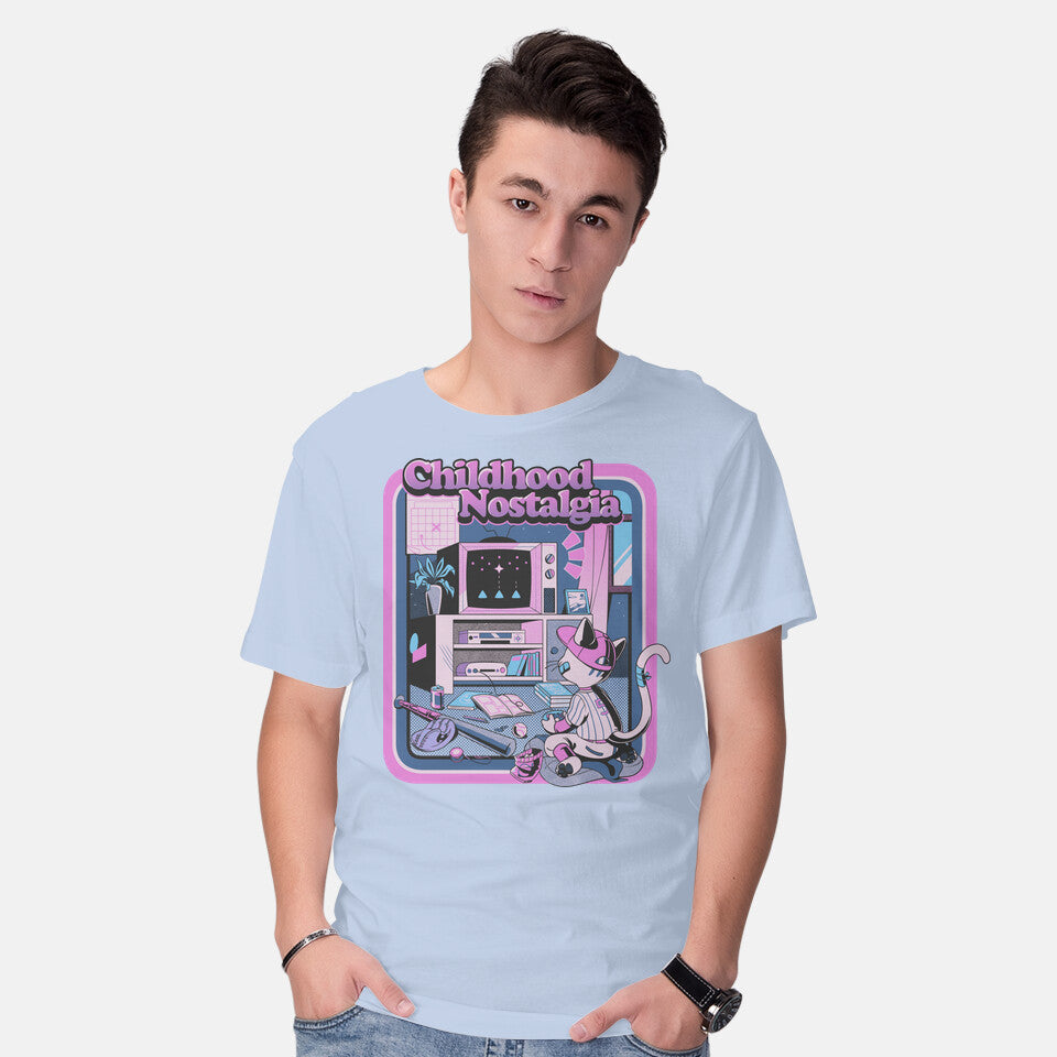 Model wearing blue Childhood Nostalgia Blue – Cat Graphic T-Shirt