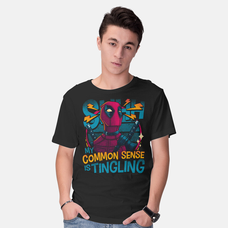 Model wearing black Common Sense – Movie Graphic T-Shirt