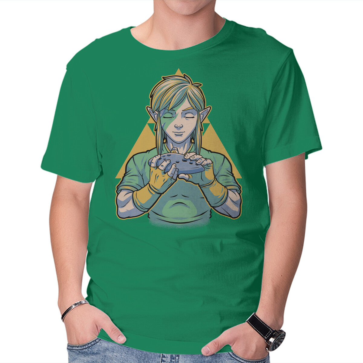 Glam Rock Elf – Gaming Graphic T-Shirt in green, product display