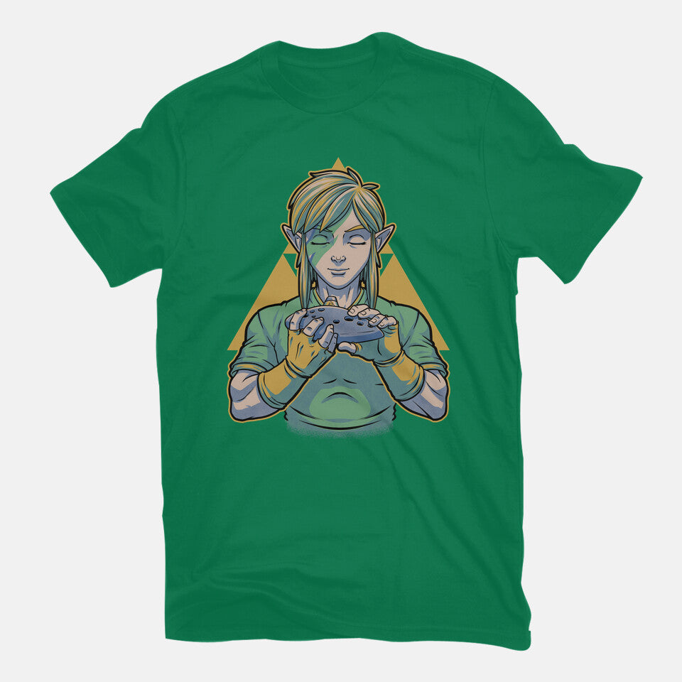 Glam Rock Elf – Gaming Graphic T-Shirt in green, flat-lay product view