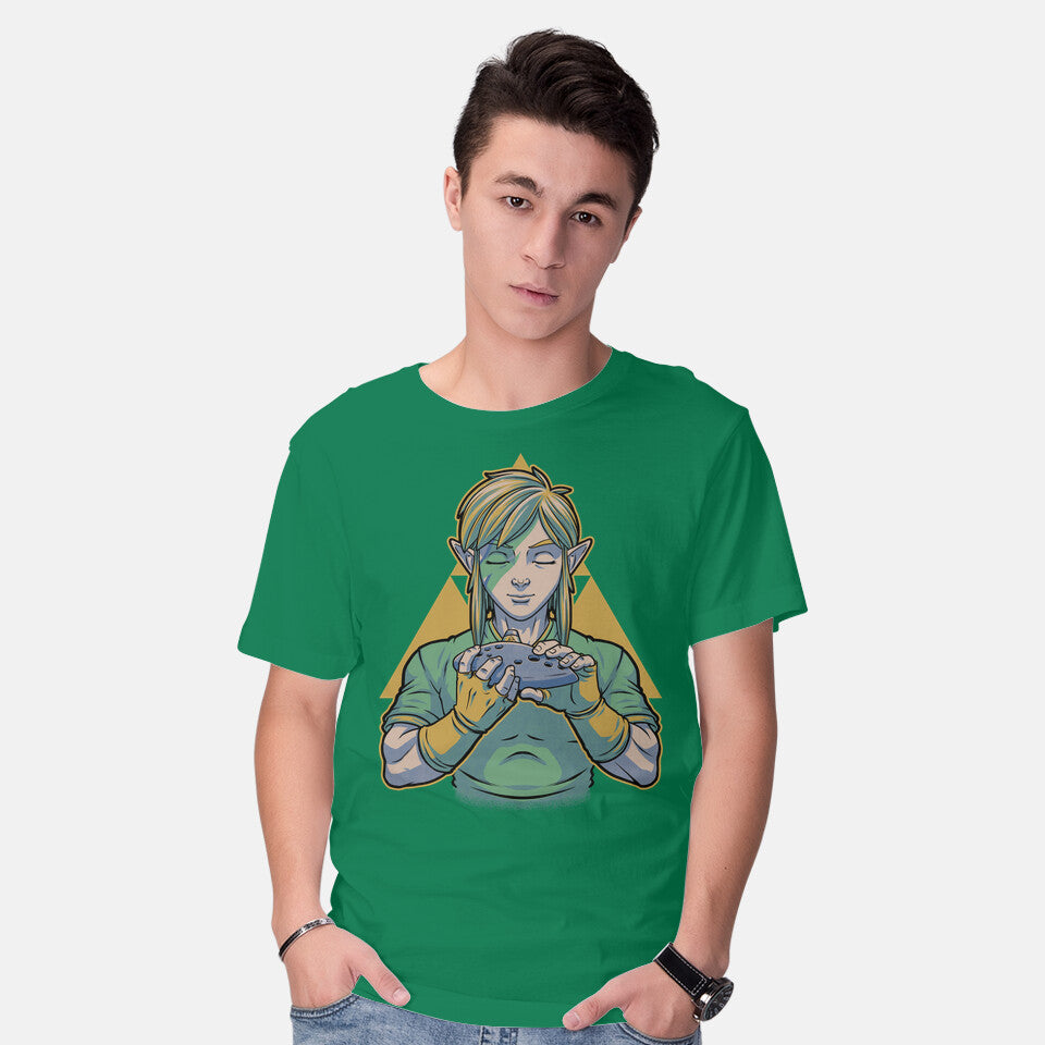 Model wearing green Glam Rock Elf – Gaming Graphic T-Shirt