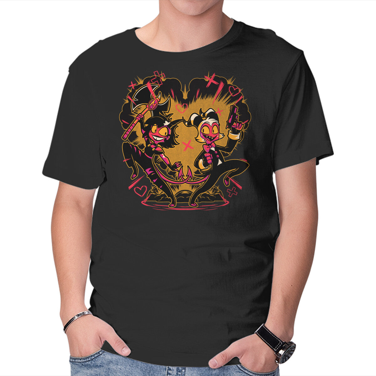 Hell Couple Animation – Horror Graphic T-Shirt in black, product display