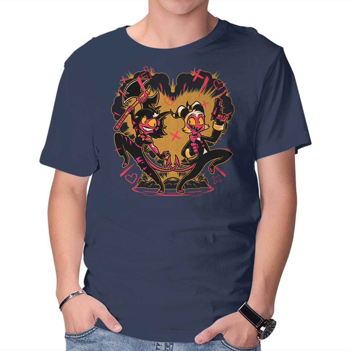 Hell Couple Animation – Horror Graphic T-Shirt in navy, product display