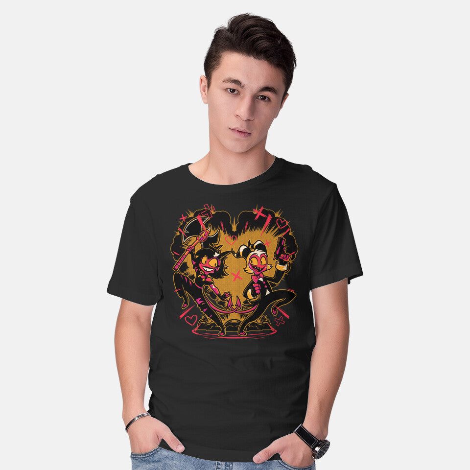 Model wearing black Hell Couple Animation – Horror Graphic T-Shirt
