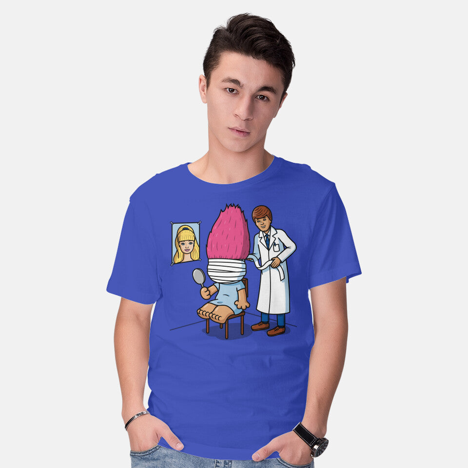 Model wearing royal blue Doll Surgery – Movie Graphic T-Shirt