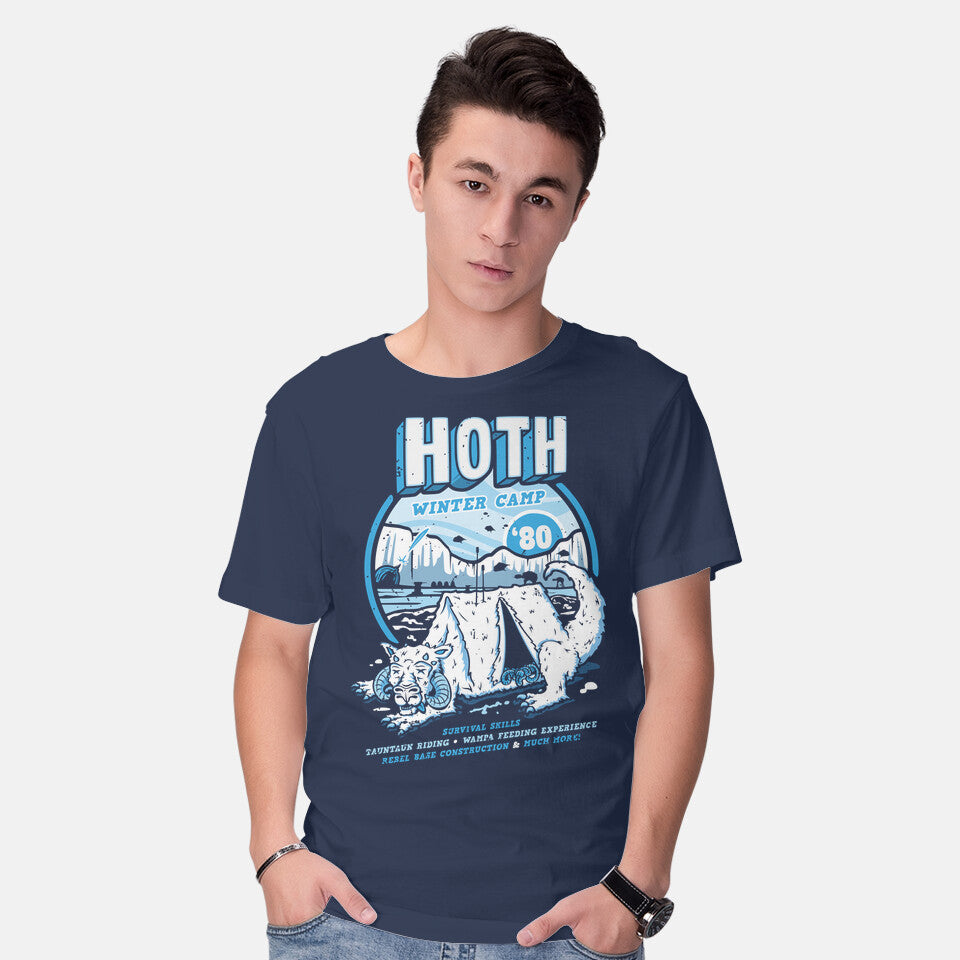 Model wearing navy Hoth Winter Camp – Sci-Fi Graphic T-Shirt