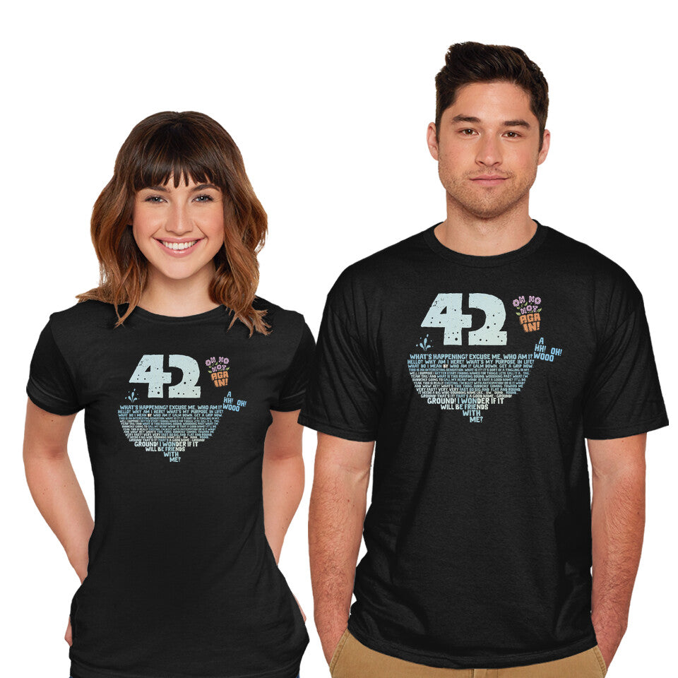 Model wearing black Not Again – Sci-Fi Graphic T-Shirt