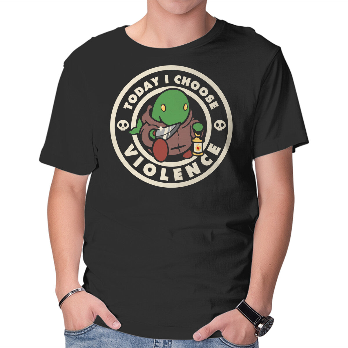 Violent Tonberry – Gaming Graphic T-Shirt in black, product display