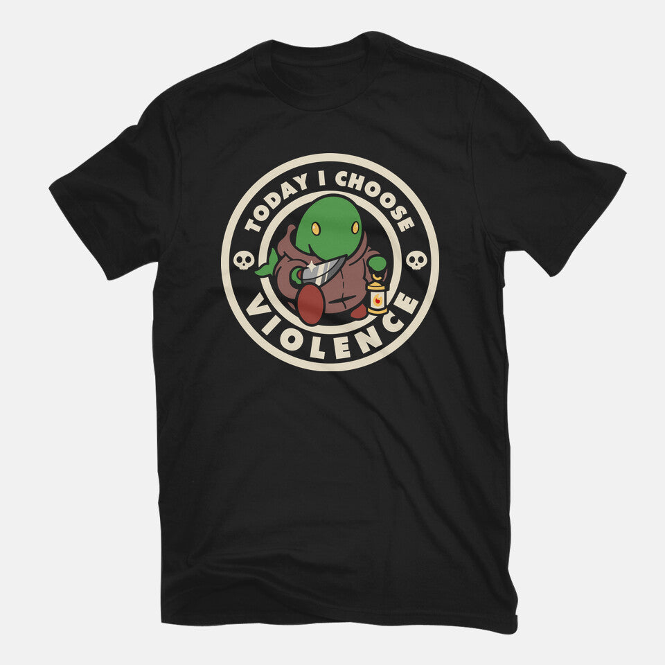 Violent Tonberry – Gaming Graphic T-Shirt in black, flat-lay product view